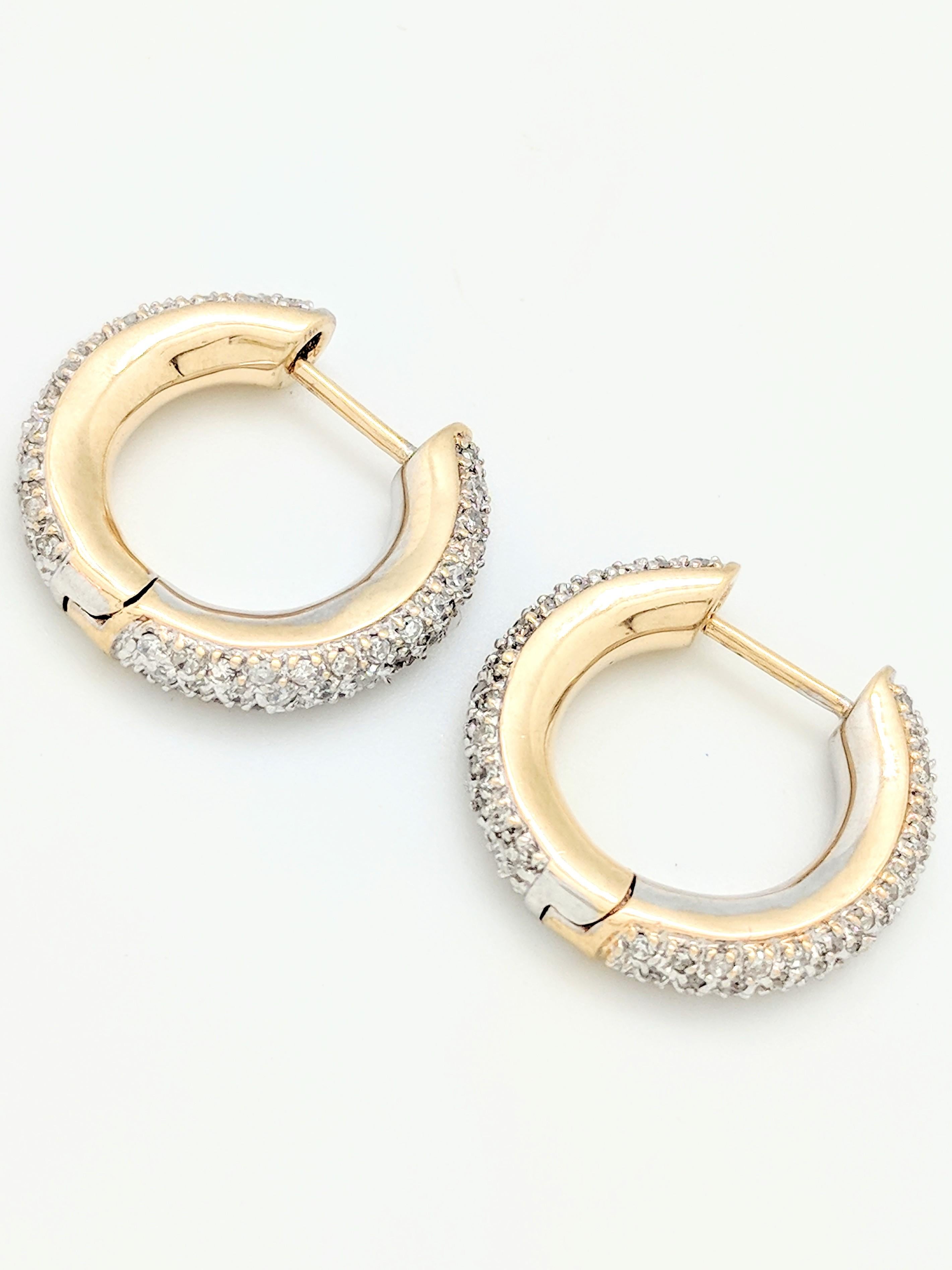 Women's 14 Karat Yellow Gold 1 Carat Pave Diamond Huggie Hoop Earrings