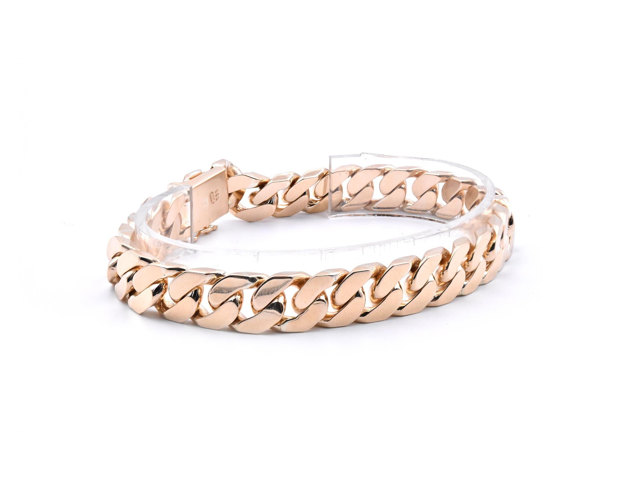 Designer: custom design 
Material: 14k yellow gold
Dimensions: the bracelet will fit up to an 8-inch wrist
Weight: 63.35 grams
