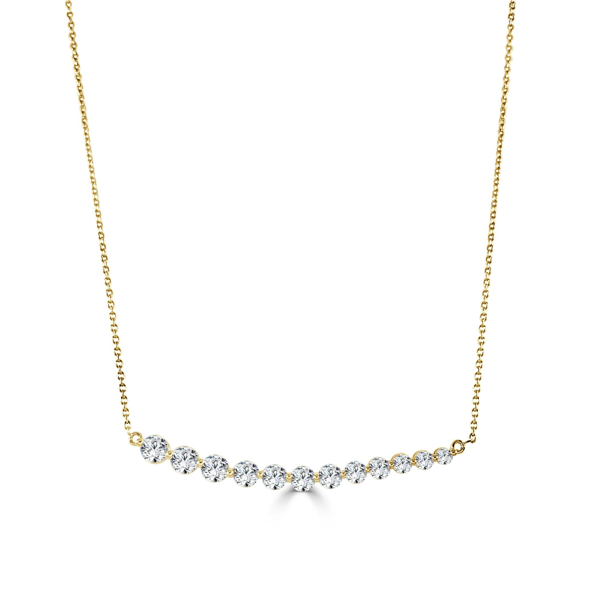 Add this Classic and Beautiful Diamond Bar Necklace to your look! Crafted of 14K Gold this neckalce features 12 Natural Round White Diamonds weighing 1.06 carats. Chain length is 18