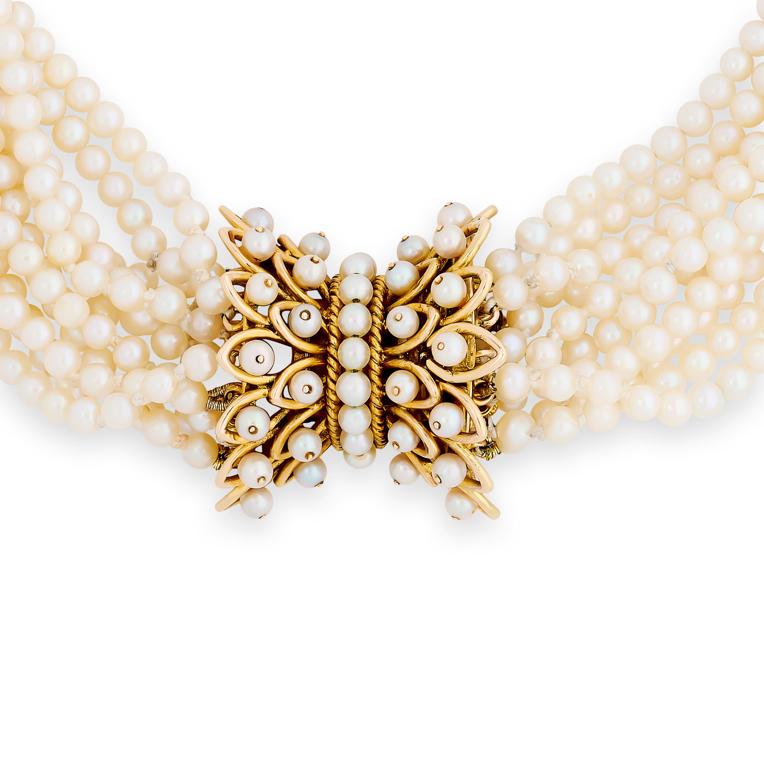 Bead 14 Karat Yellow Gold 11 Strand Pearl Necklace with Pearl Clasp For Sale