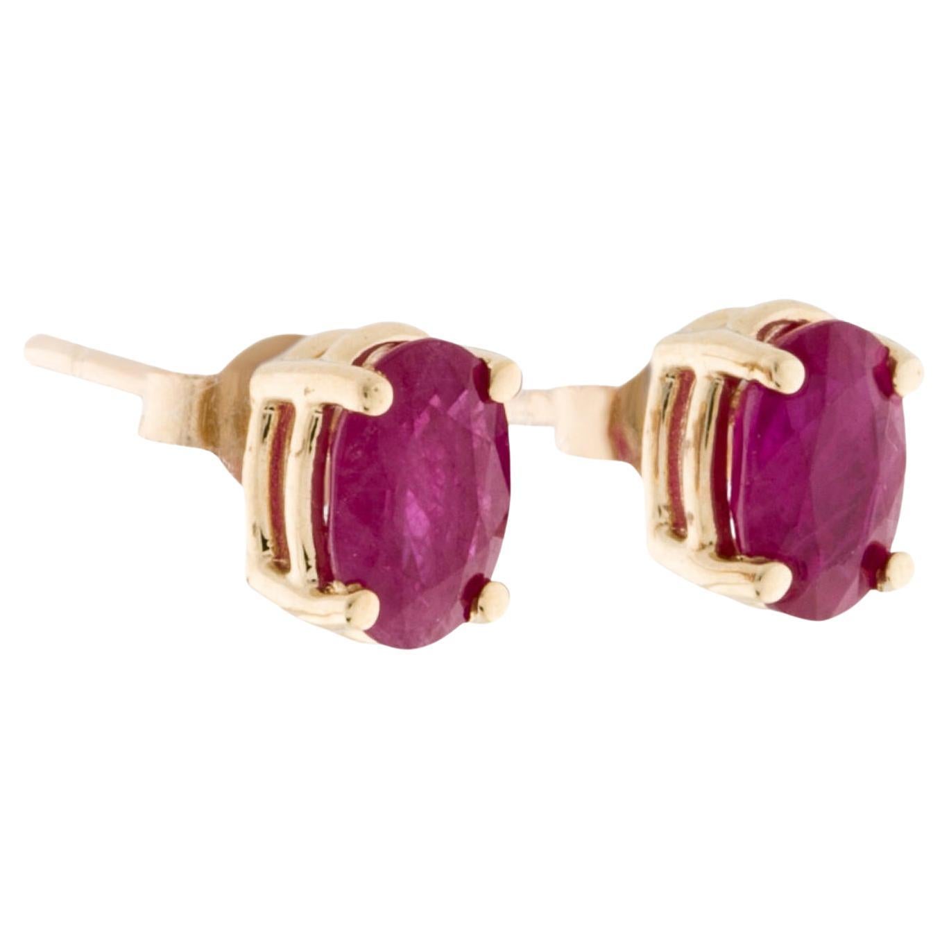 14 Karat Yellow Gold 1.11 Carat Red Ruby Oval Shape Stud Earrings For Sale