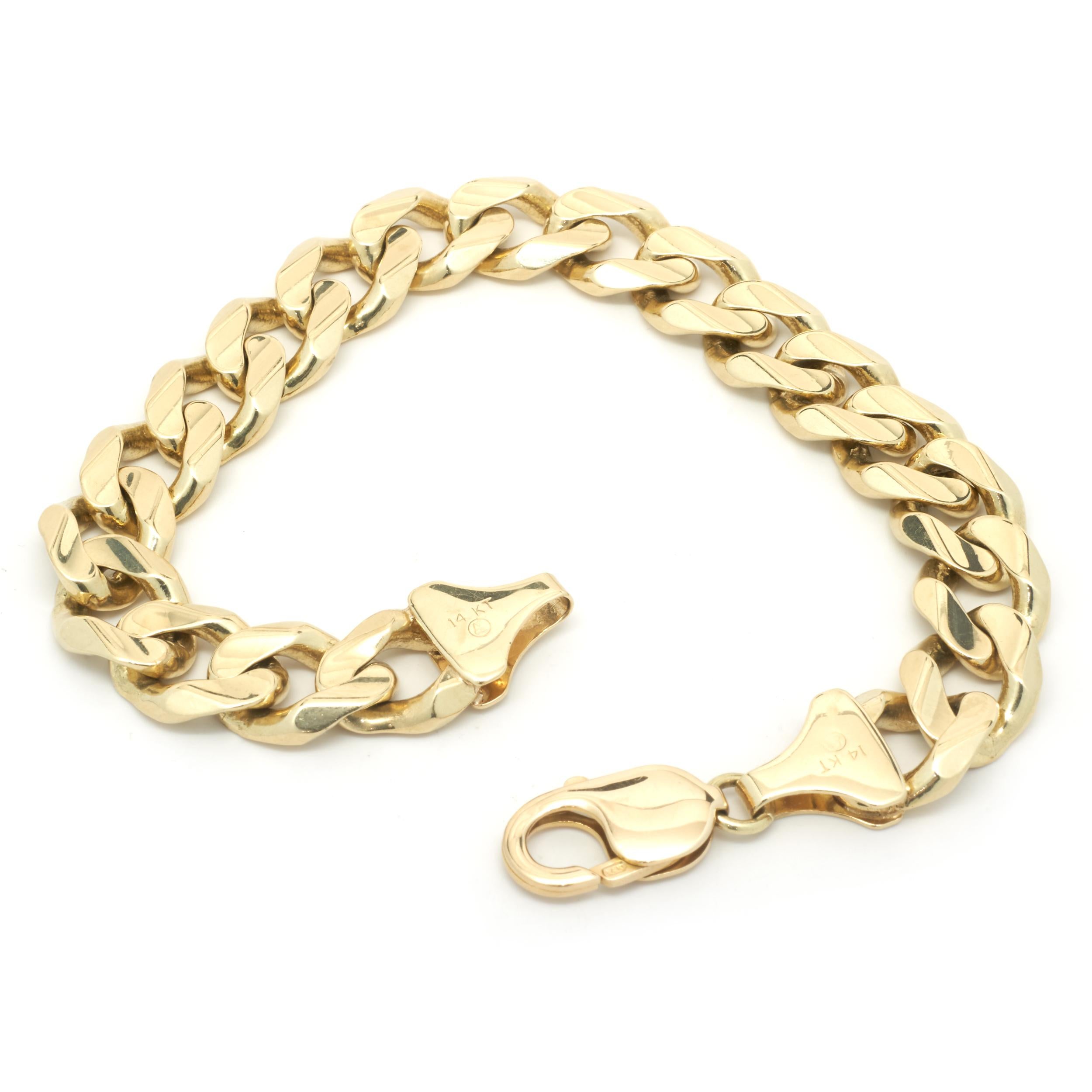 Designer: custom
Material: 14K yellow gold 
Dimensions: bracelet will fit up to a 8.75-inch wrist
Weight: 54.45 grams