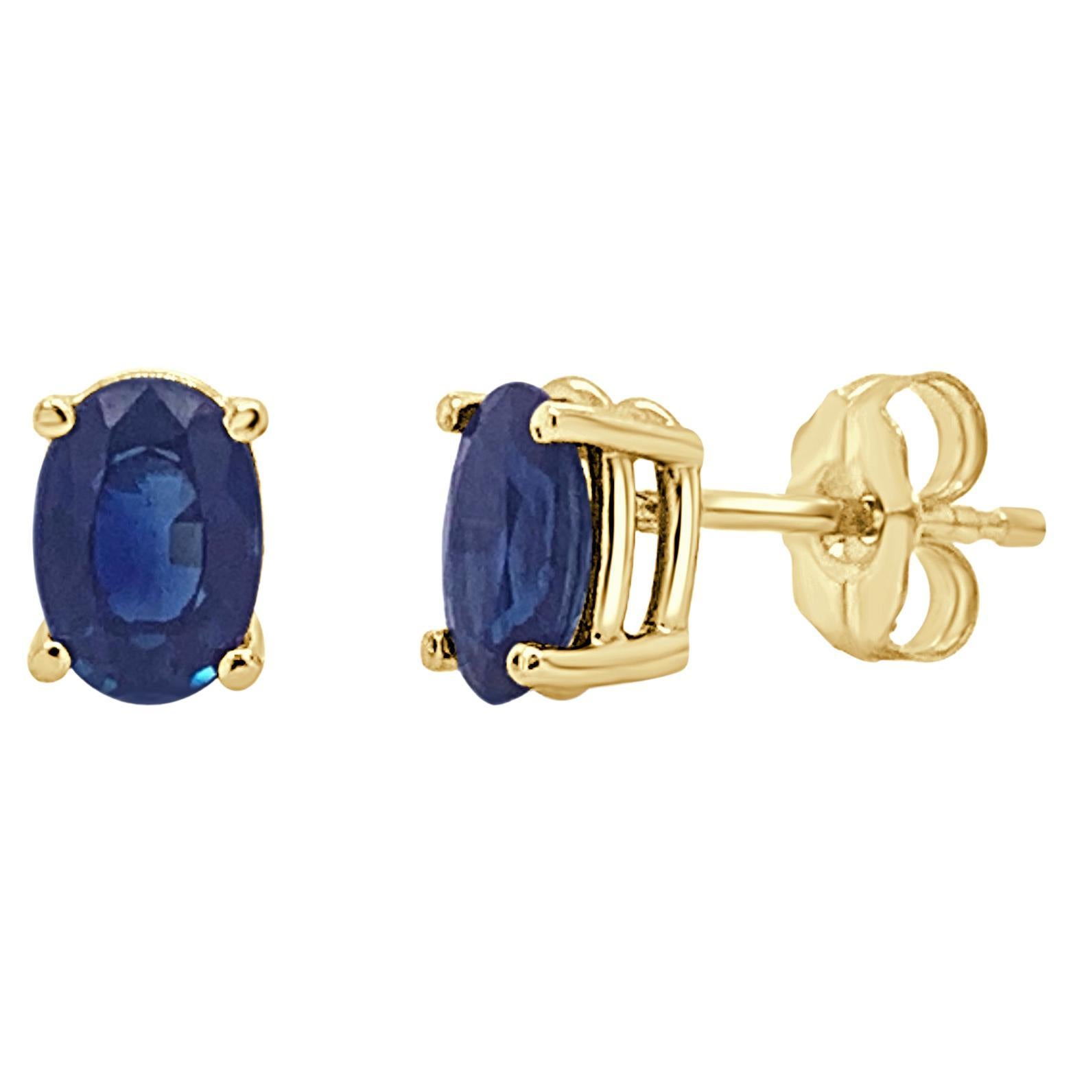 14 Karat Yellow Gold 1.30 Carat Sapphire Oval Shape Stud Earrings For Sale