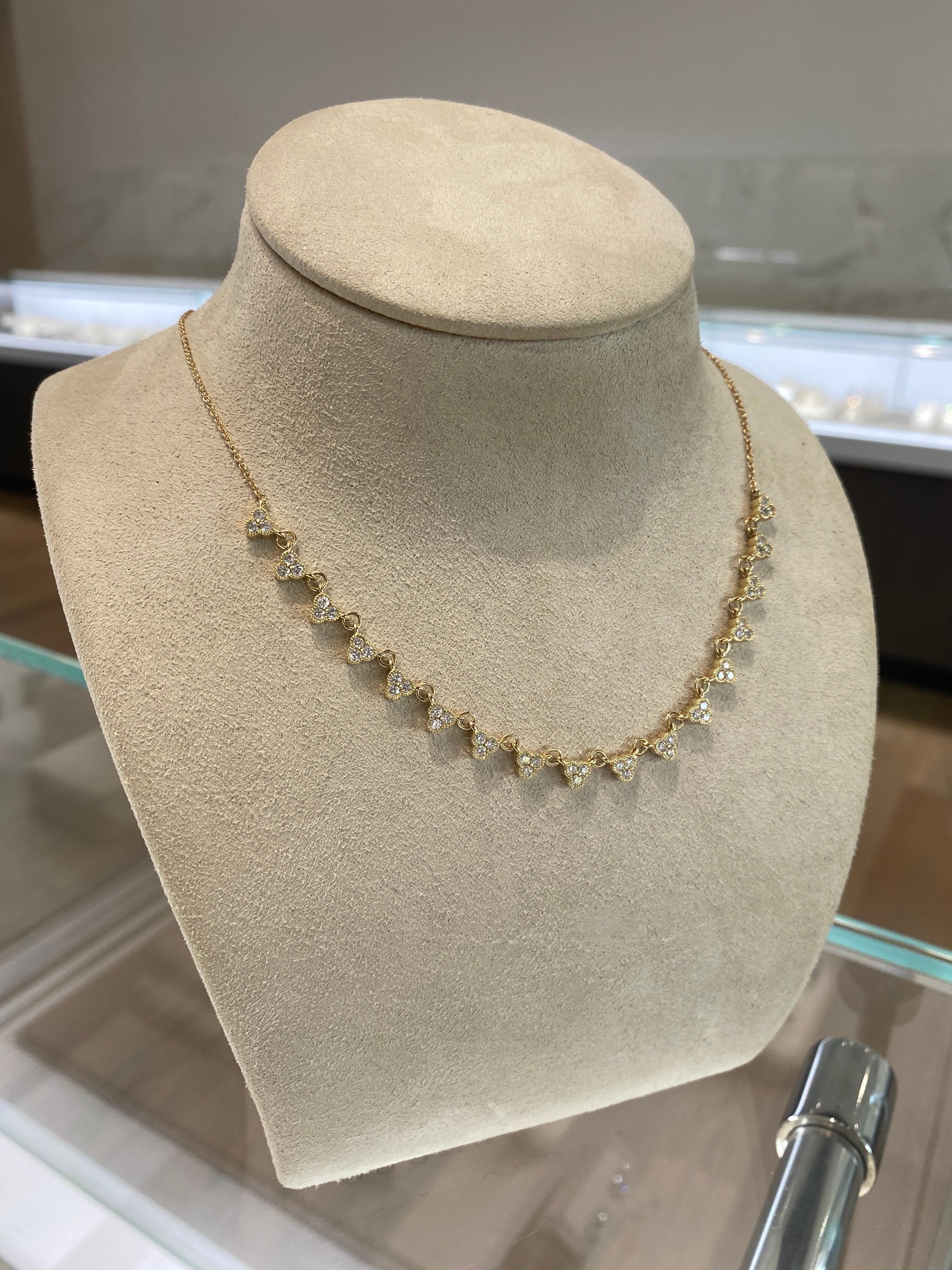 14 Karat Yellow Gold 1.30 Carat Total Weight Round Diamonds Station Necklace For Sale 5