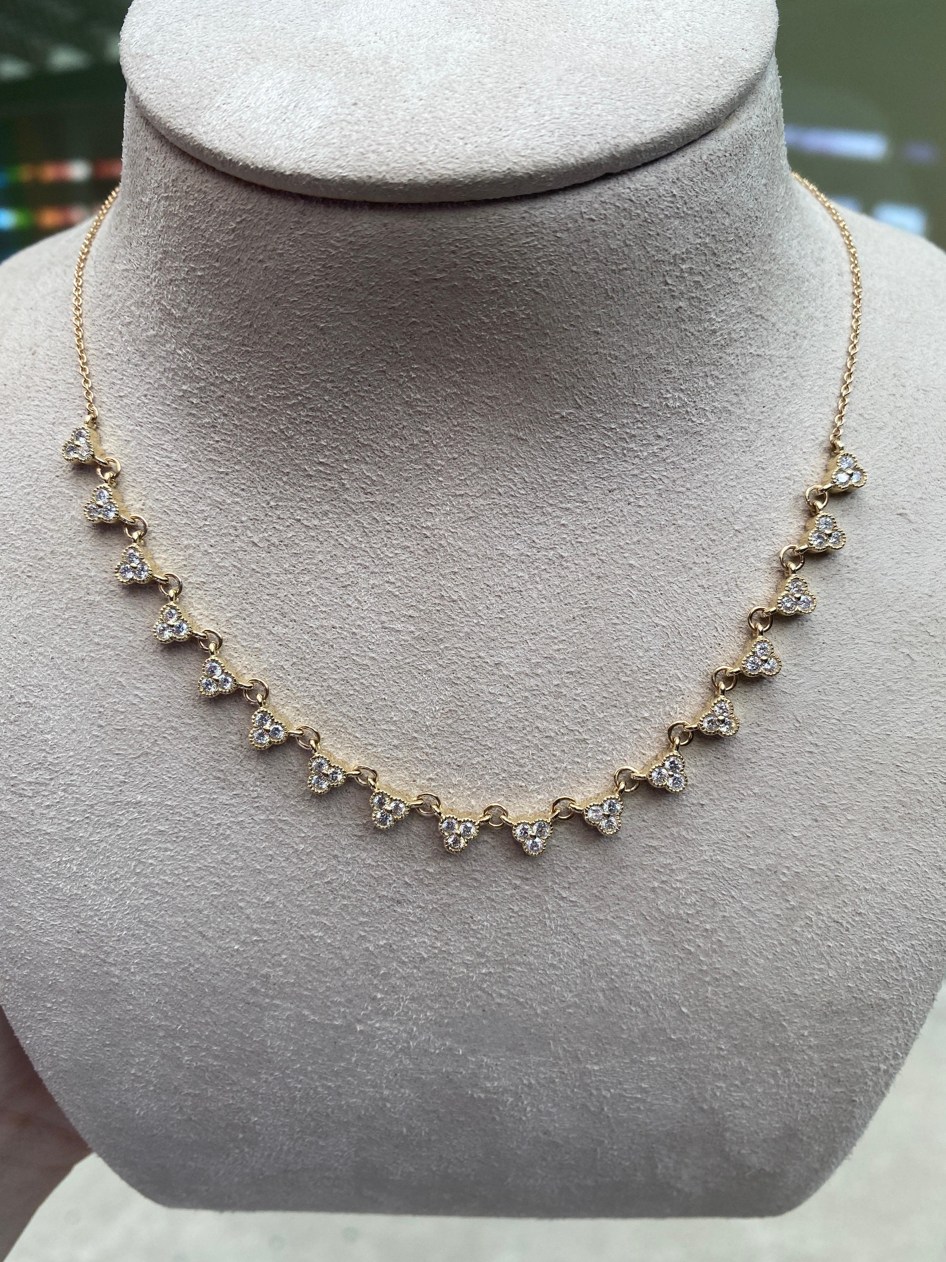 Round Cut 14 Karat Yellow Gold 1.30 Carat Total Weight Round Diamonds Station Necklace For Sale