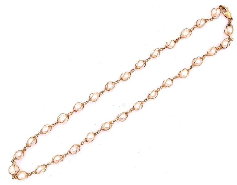 14 Karat Yellow Gold Pearl Beaded Necklace For Sale at 1stDibs