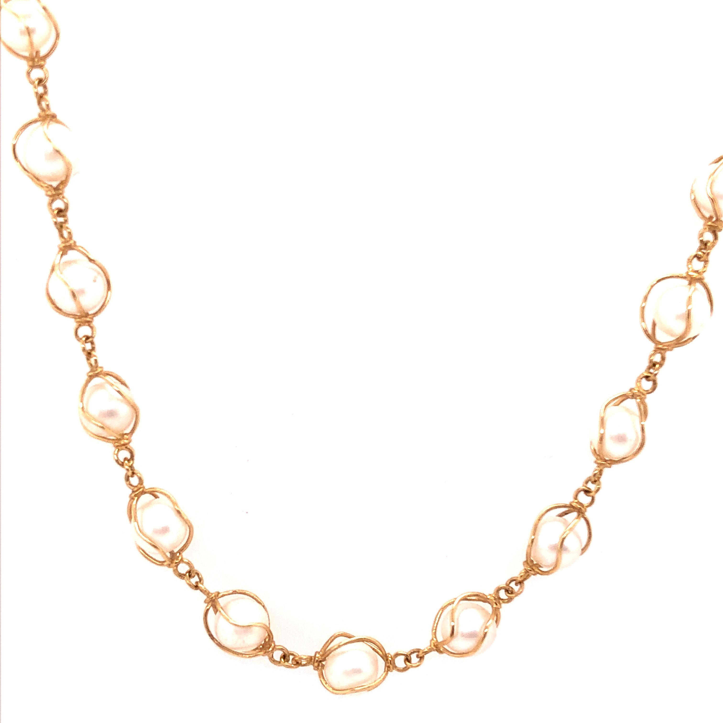 Modern 14 Karat Yellow Gold Pearl Beaded Necklace