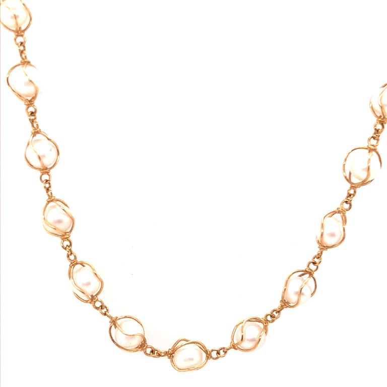 14 Karat Yellow Gold Pearl Beaded Necklace For Sale at 1stDibs