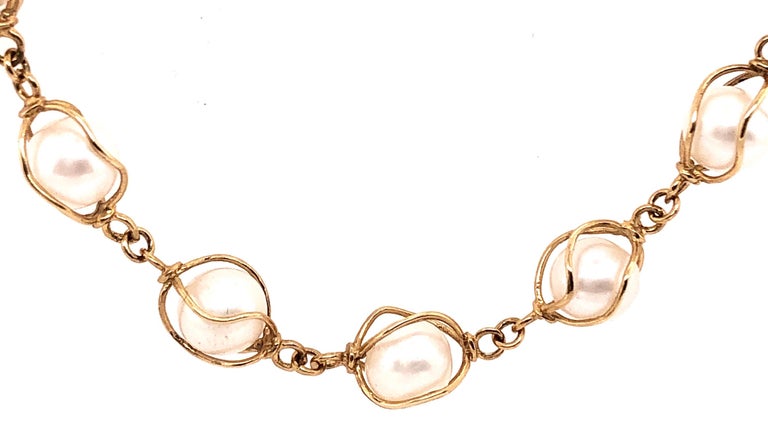 14 Karat Yellow Gold Pearl Beaded Necklace For Sale at 1stDibs