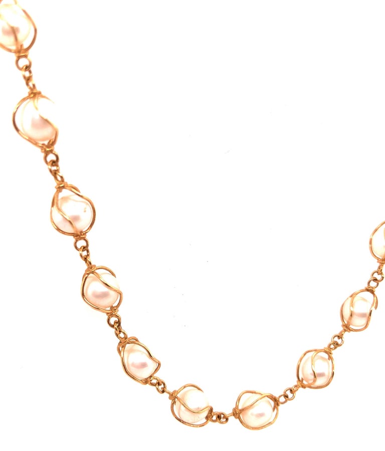 14 Karat Yellow Gold Pearl Beaded Necklace For Sale at 1stDibs