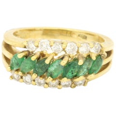 14 Karat Yellow Gold 1.45 Carat Emerald and Diamonds Triple Row Ring