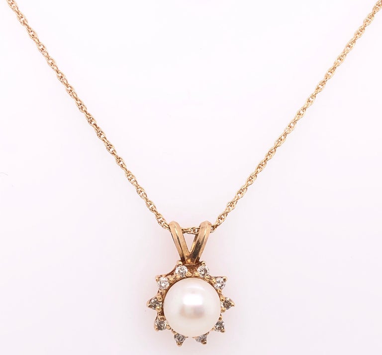 14 Karat Yellow Gold Necklace with Cultured Pearl and Diamond Pendant ...