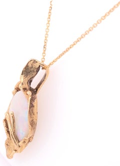 14 Karat Yellow Gold Necklace with Freeform Oval Opal and Gold Pendant