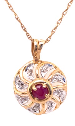 14 Karat Yellow Gold Necklace with Garnet and Diamond Pendant 0.08 TDW
