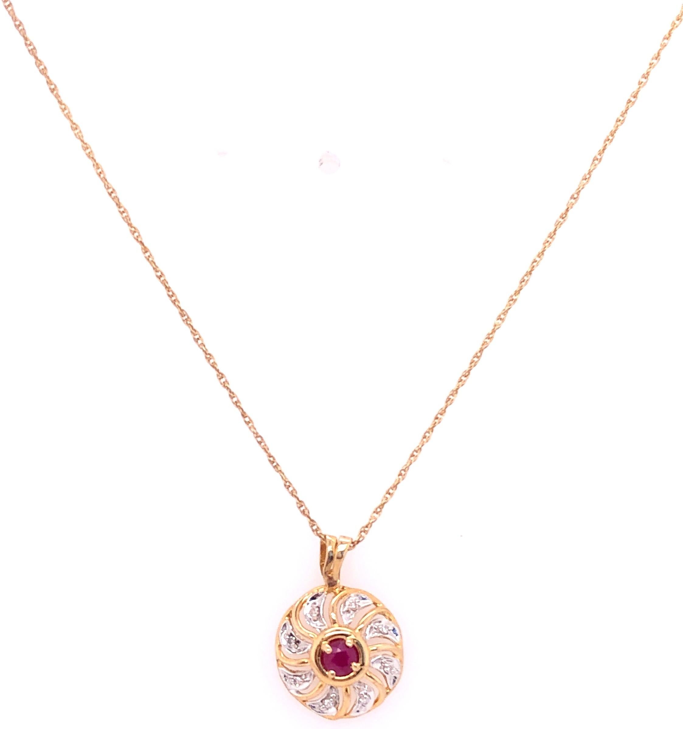 Modern 14 Karat Yellow Gold Necklace with Garnet and Diamond Pendant 0.08 TDW For Sale