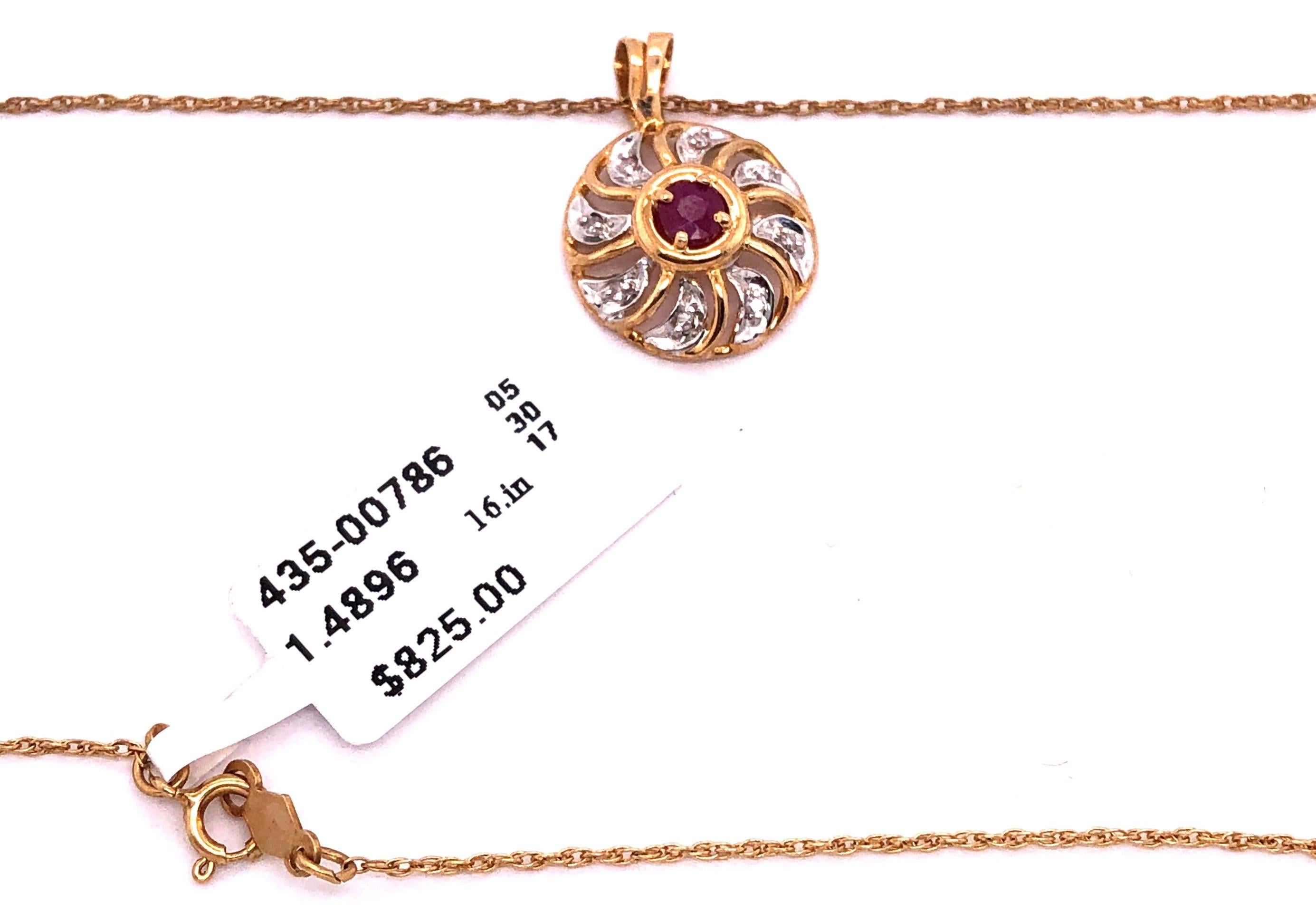 14 Karat Yellow Gold Necklace with Garnet and Diamond Pendant 0.08 TDW For Sale 1