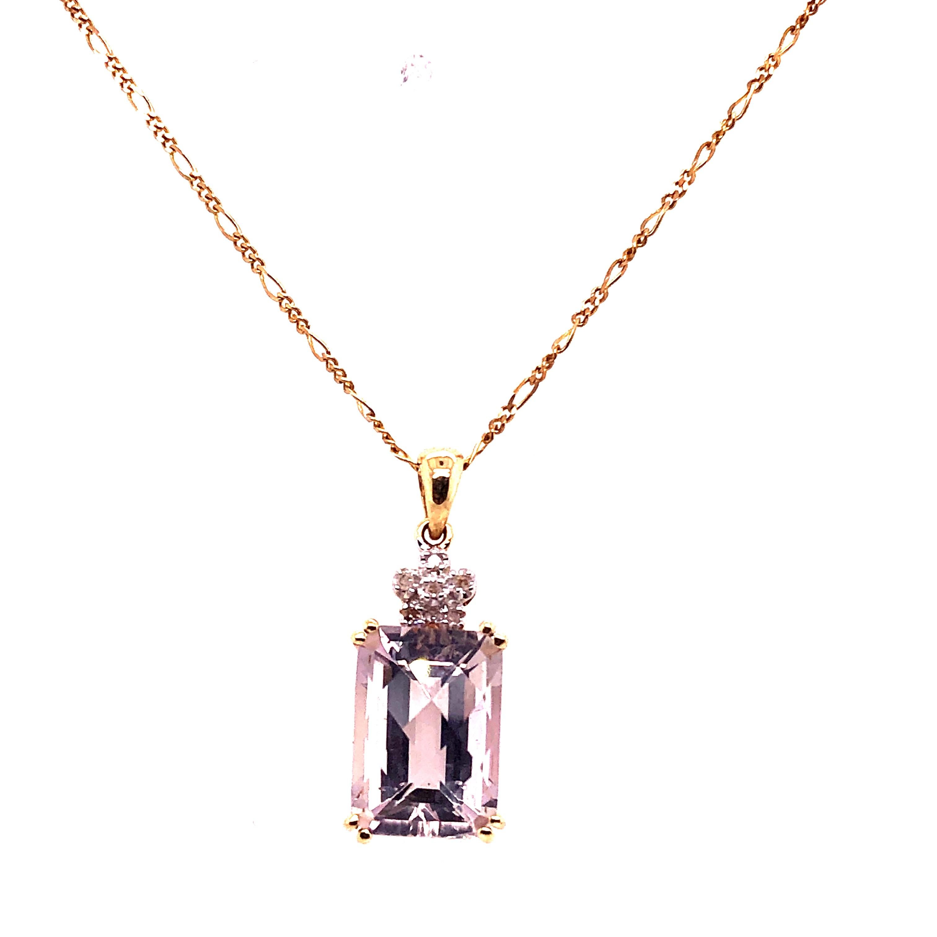 14 Karat Yellow Gold 16 Inch Necklace with Semi Precious Stone Pendant. Stone believed to be Morganite. Stamped 585. 14 Karat Italy Made. 5.25 grams total weight. Stone is 11mm by 14mm. 
Morganite is the pink to orange-pink variety of beryl, a