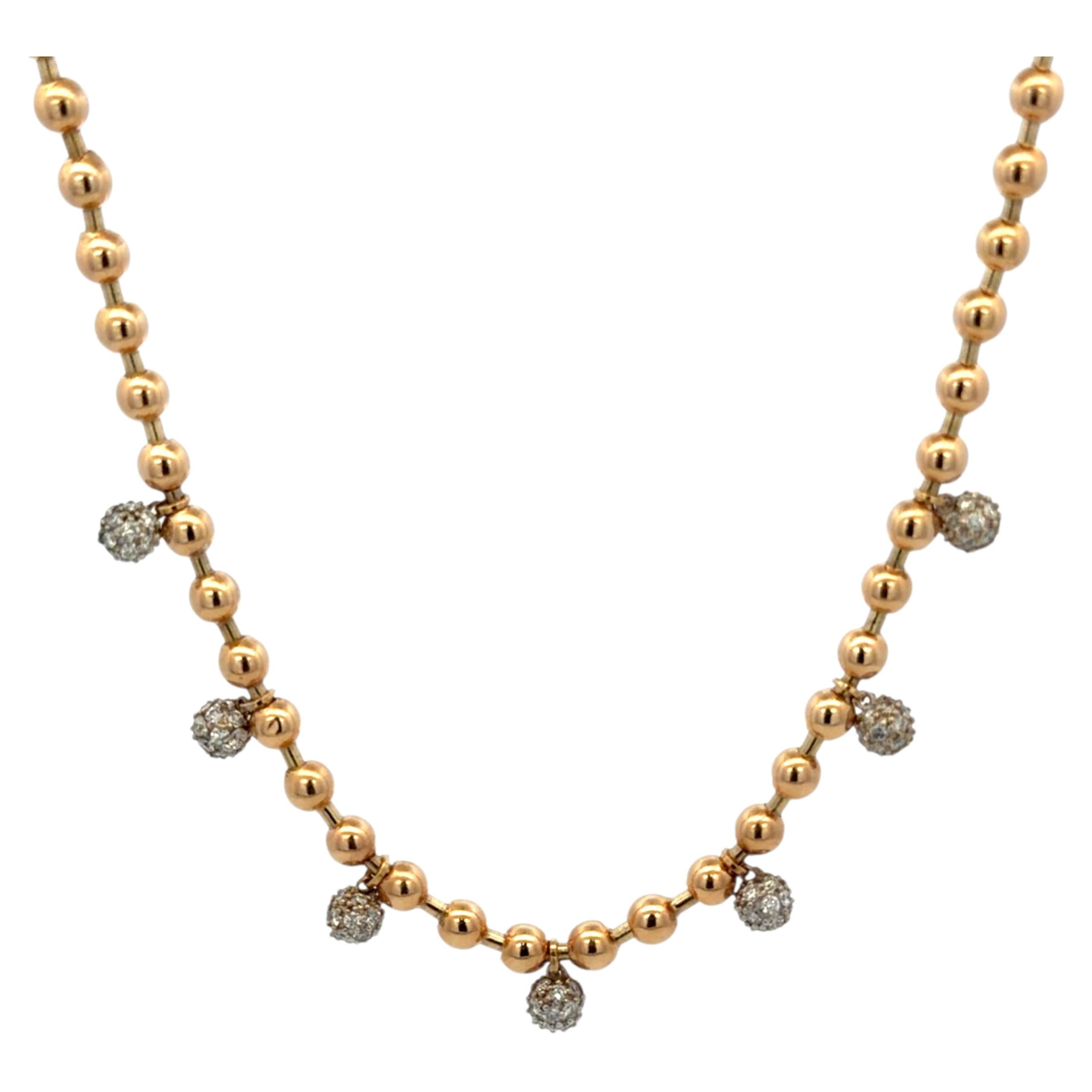 14 Karat Yellow Gold 1.68 Carat Diamond Beaded Drop Station Necklace For Sale