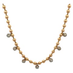 14 Karat Yellow Gold 1.68 Carat Diamond Beaded Drop Station Necklace