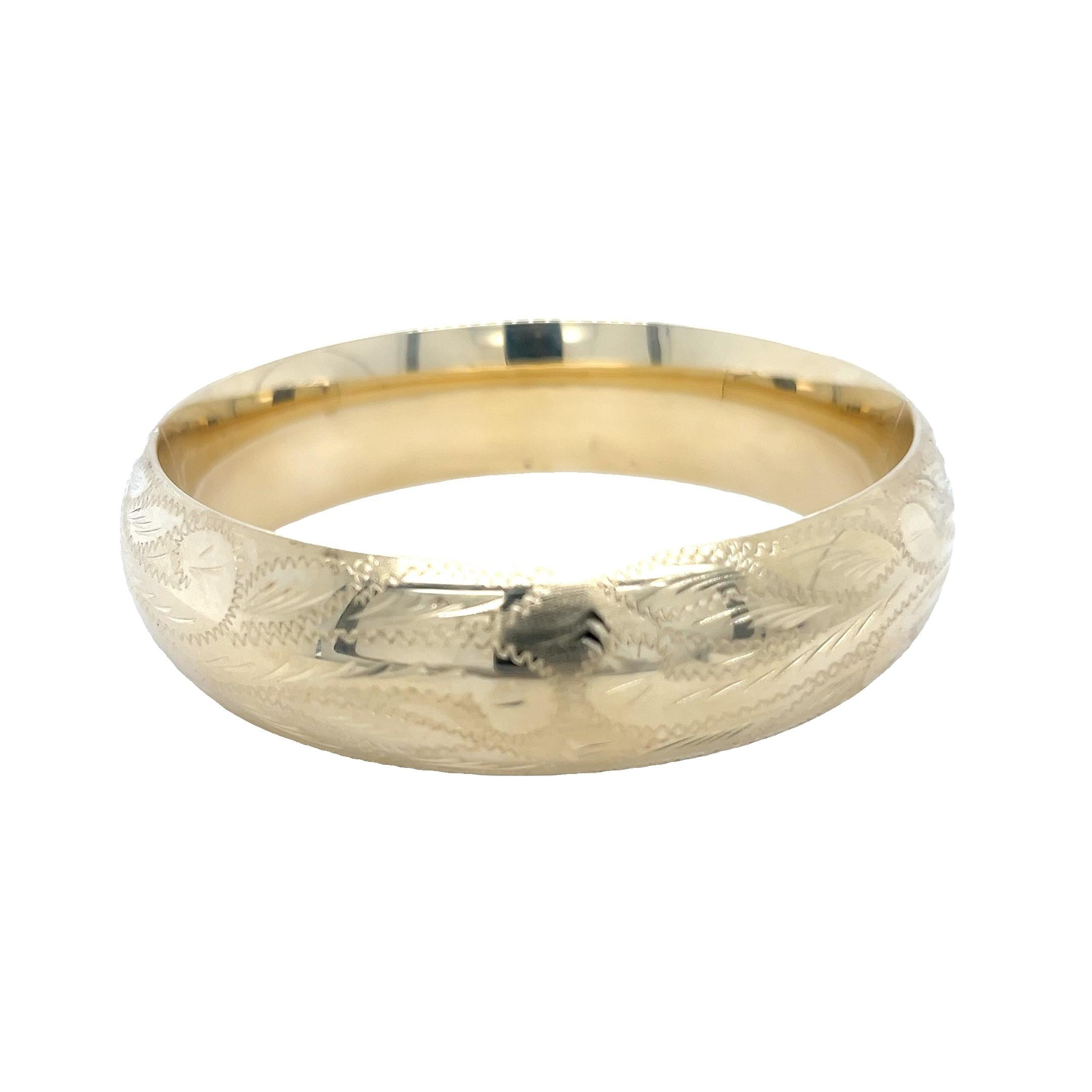 Women's 14 Karat Yellow Gold 17mm Wide Engraved Bangle Bracelet with Hinge and Hidden Cl For Sale