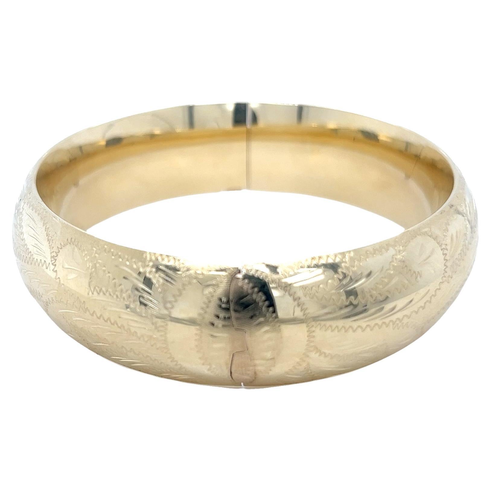 14 Karat Yellow Gold 17mm Wide Engraved Bangle Bracelet with Hinge and Hidden Cl For Sale