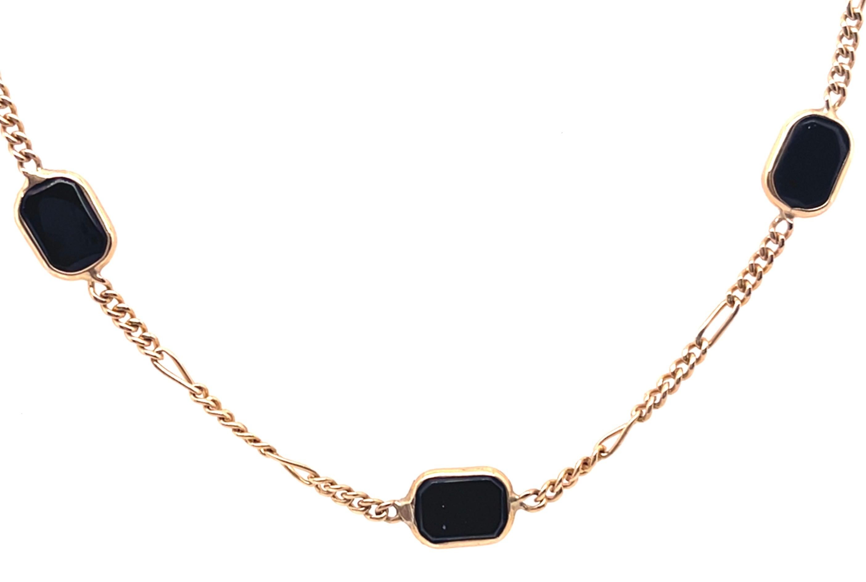 14 Karat Yellow Gold Black Onyx Figaro Necklace For Sale 1