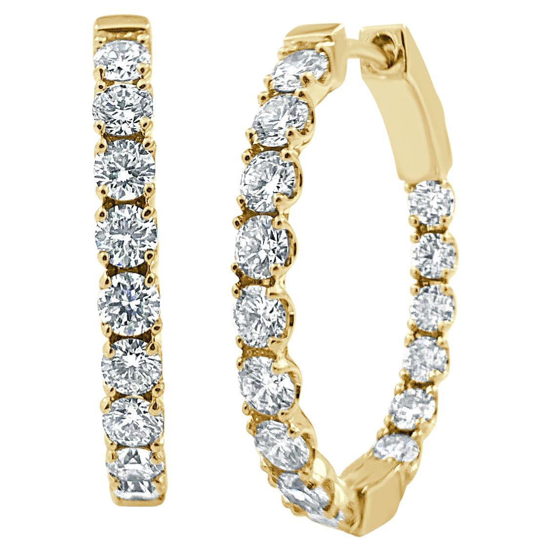 14 Karat Yellow Gold 1.90 Carat Diamond Oval Hoop Earrings For Sale