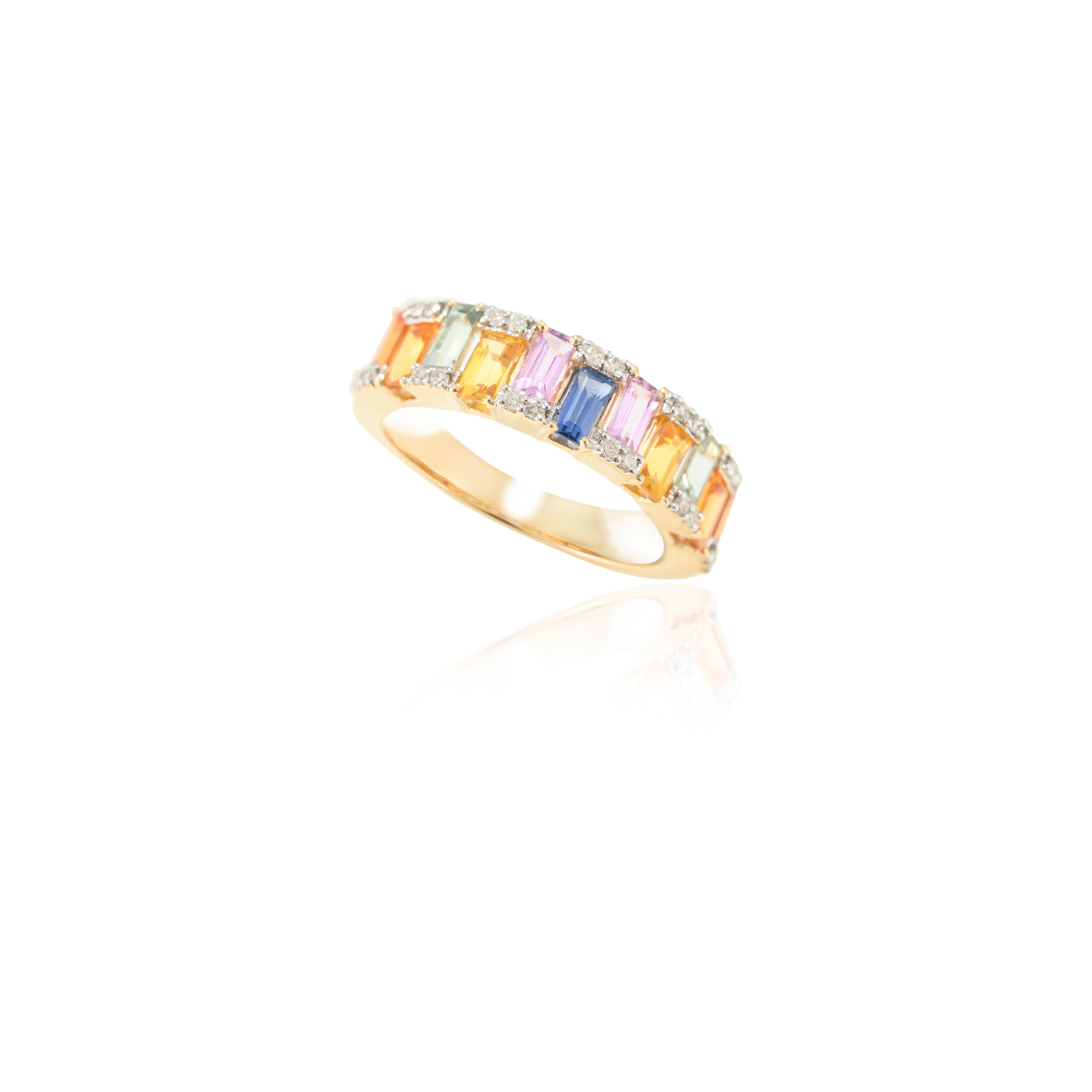 For Sale:  14 Karat Yellow Gold Multi Colored Sapphire Diamond Engagement Band Ring 2