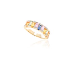 14 Karat Yellow Gold Multi Colored Sapphire Diamond Engagement Band Ring
