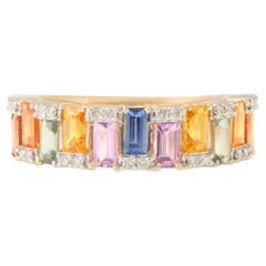 14 Karat Yellow Gold Multi Colored Sapphire Diamond Engagement Band Ring