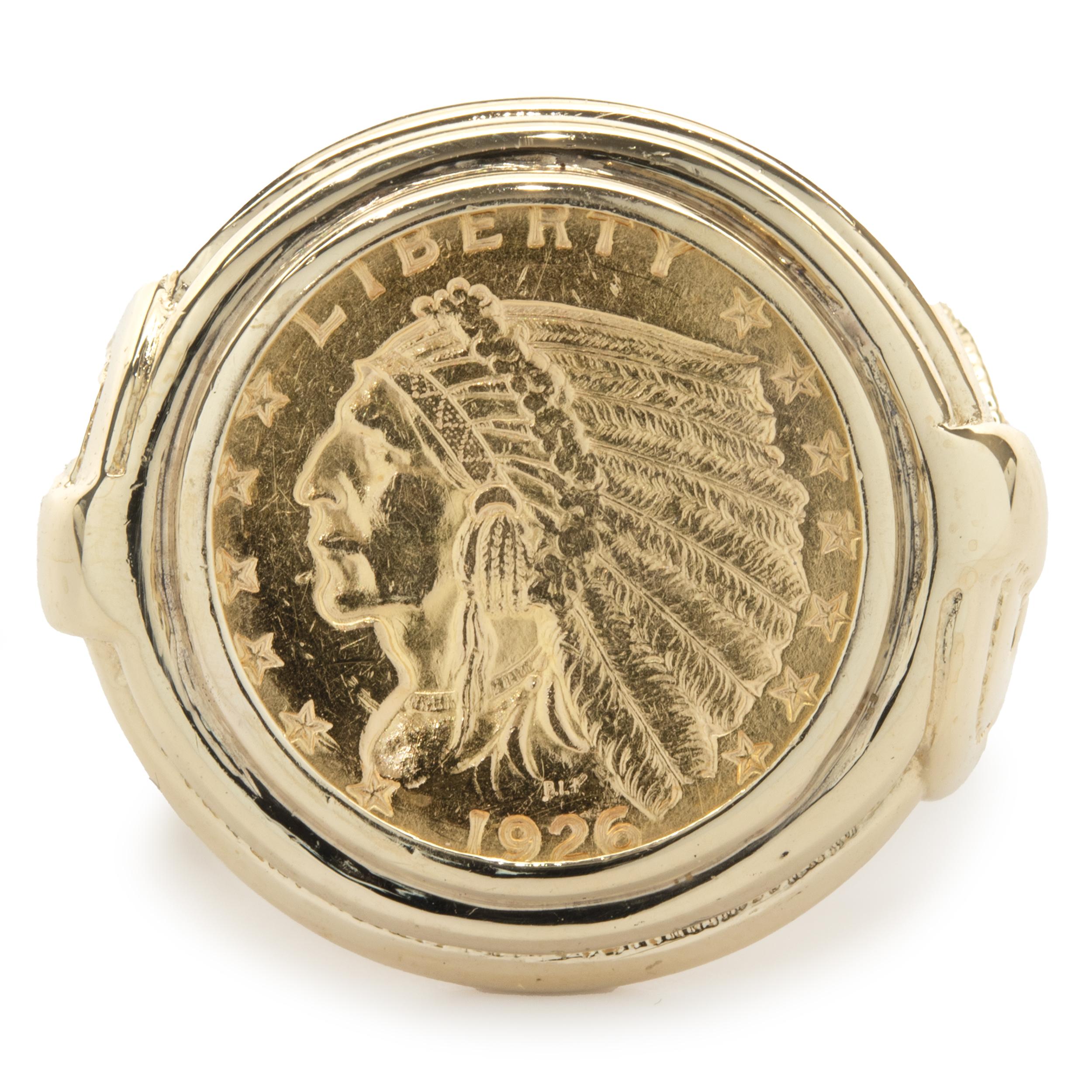 Designer: custom design
Material: 14K yellow gold / 1926 Indian Head Liberty Coin
Dimensions: ring top measures 23.60mm wide
Ring Size: 10 (please allow two extra shipping days for sizing requests) 
Weight: 24.16 grams