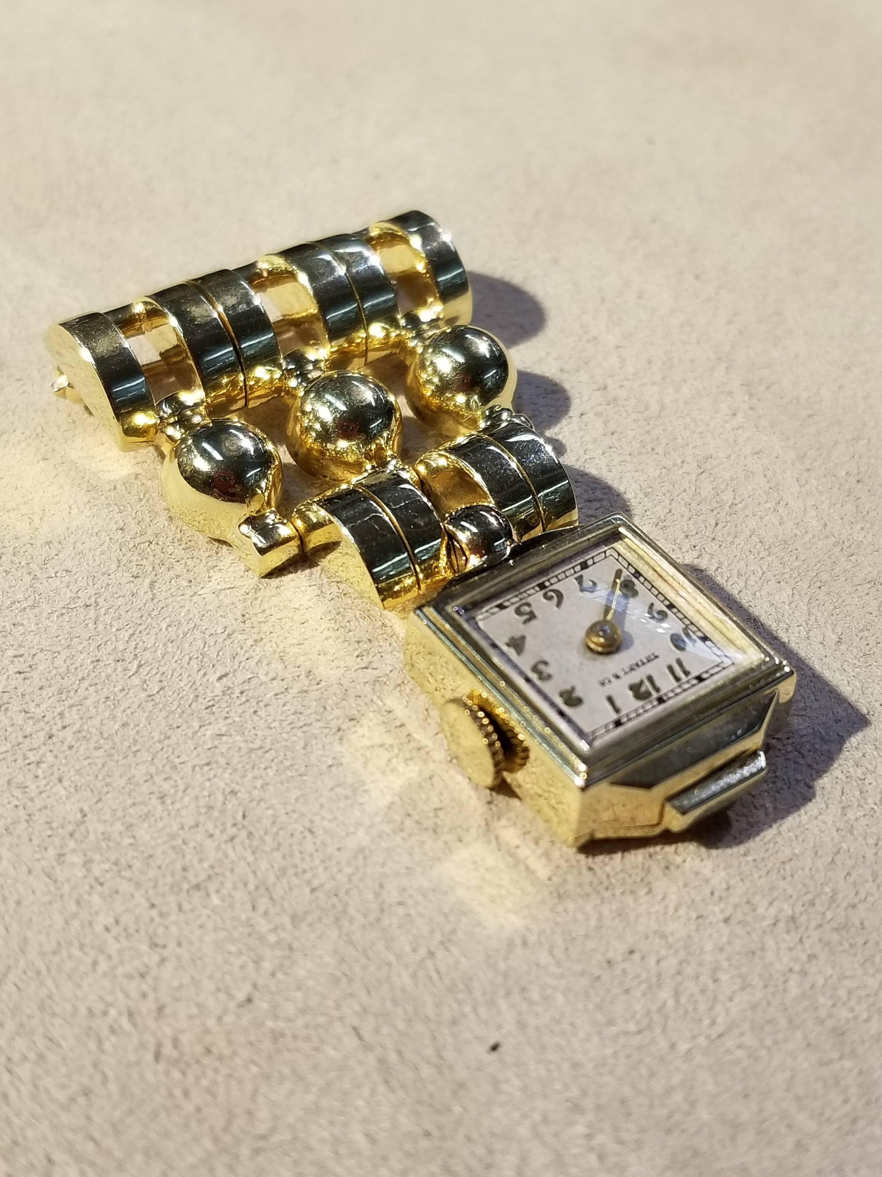 14 Karat Yellow Gold 1940s Tiffany & Co. Retro Lapel Watch In Excellent Condition For Sale In Santa Fe, NM