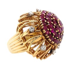14 Karat Yellow Gold 1960s Ruby Diamond Flower Dome Ring