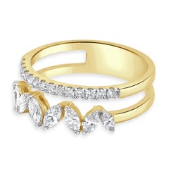 Bague à barrettes en or jaune 14 carats à deux rangs de diamants ronds et taillés en marquise, sertis clos
