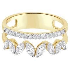 Bague à barrettes en or jaune 14 carats à deux rangs de diamants ronds et taillés en marquise, sertis clos