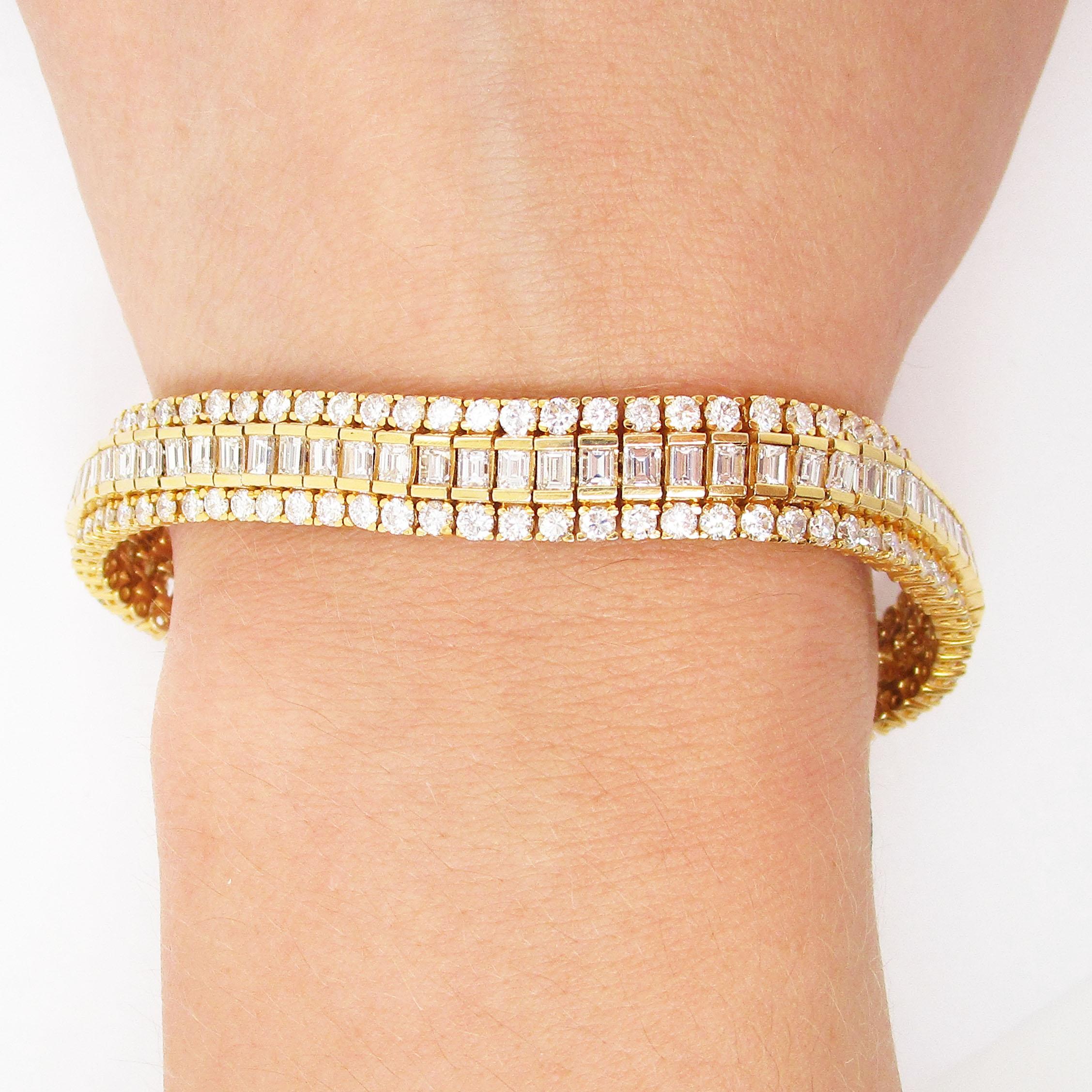 This is an absolutely stunning bracelet in 14k yellow gold with a brilliant array of bright white diamonds. This bracelet is not for the faint of heart! The gorgeous combination of rich yellow gold and scintillating diamonds makes this bracelet
