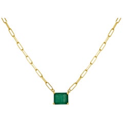 14 Karat Yellow Gold 2 Carat Green Emerald Paperclip Necklace