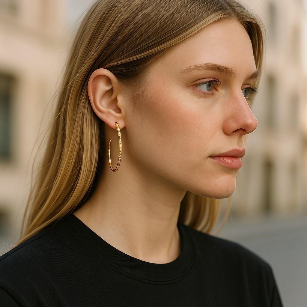 Estos impresionantes pendientes de aro de oro amarillo de 14 quilates son una declaración de lujo y elegancia. Con un atrevido diámetro de 5 cm, están diseñadas para ser un accesorio destacado en cualquier ocasión.
Características