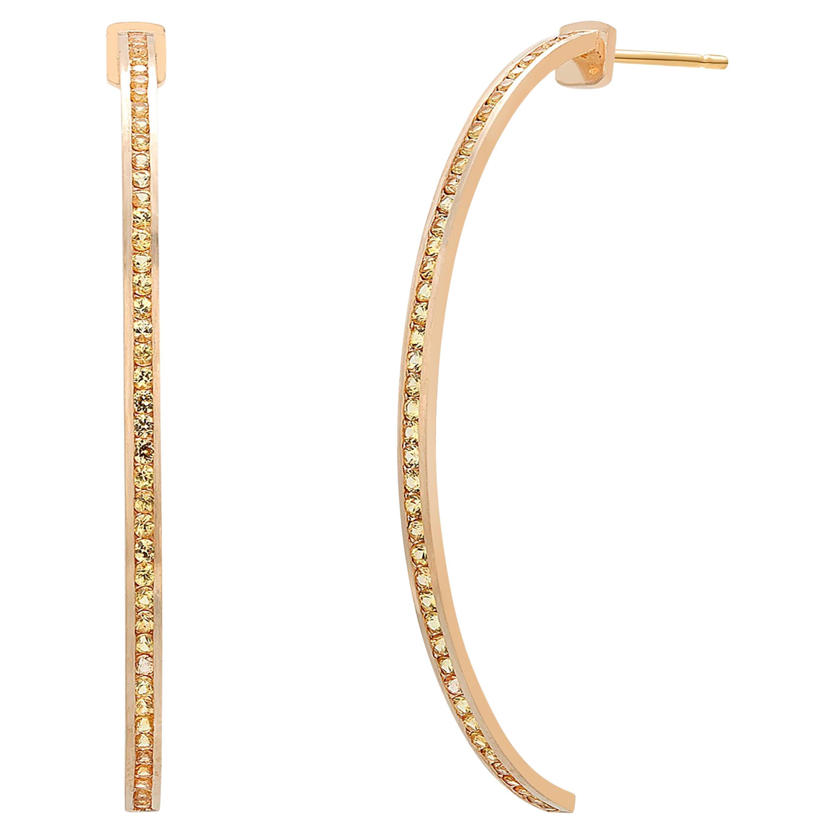 14 Karat Yellow Gold 2.2 Inch Hoop Earrings 2.10 Carats Yellow Sapphires