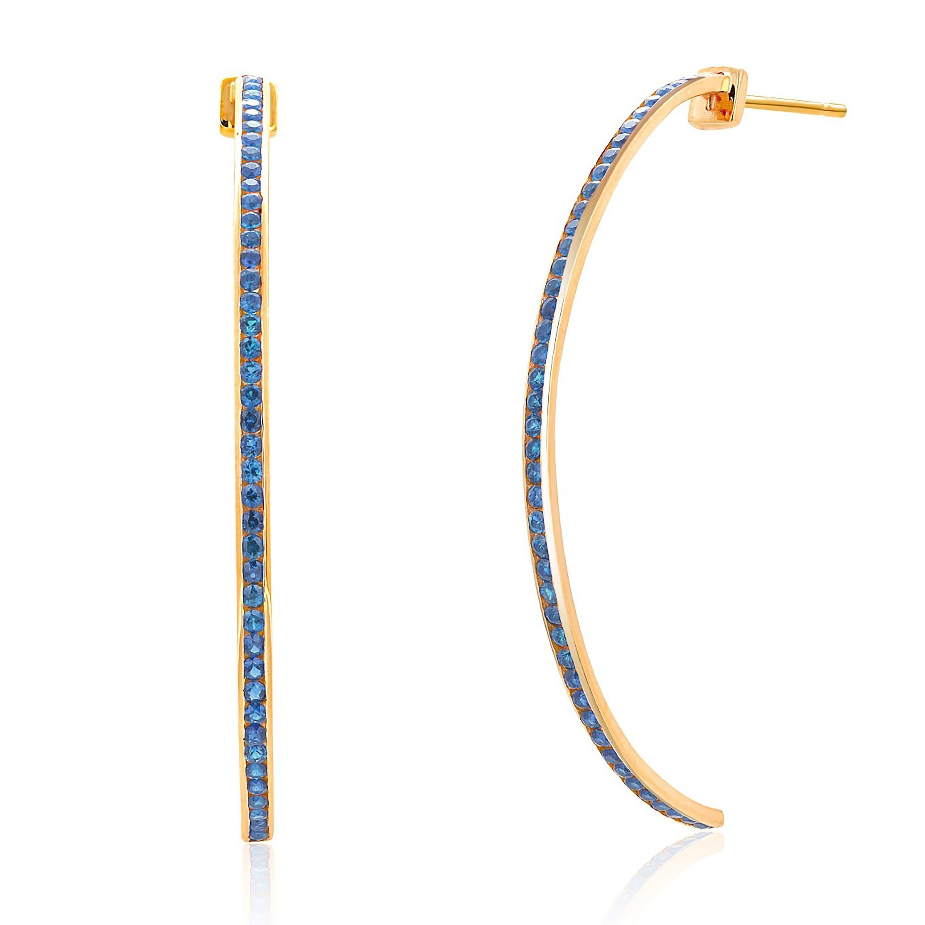 14 Karat Yellow Gold 2.25 Inch Long Hoop Earrings Channel Set Blue Sapphires For Sale 1