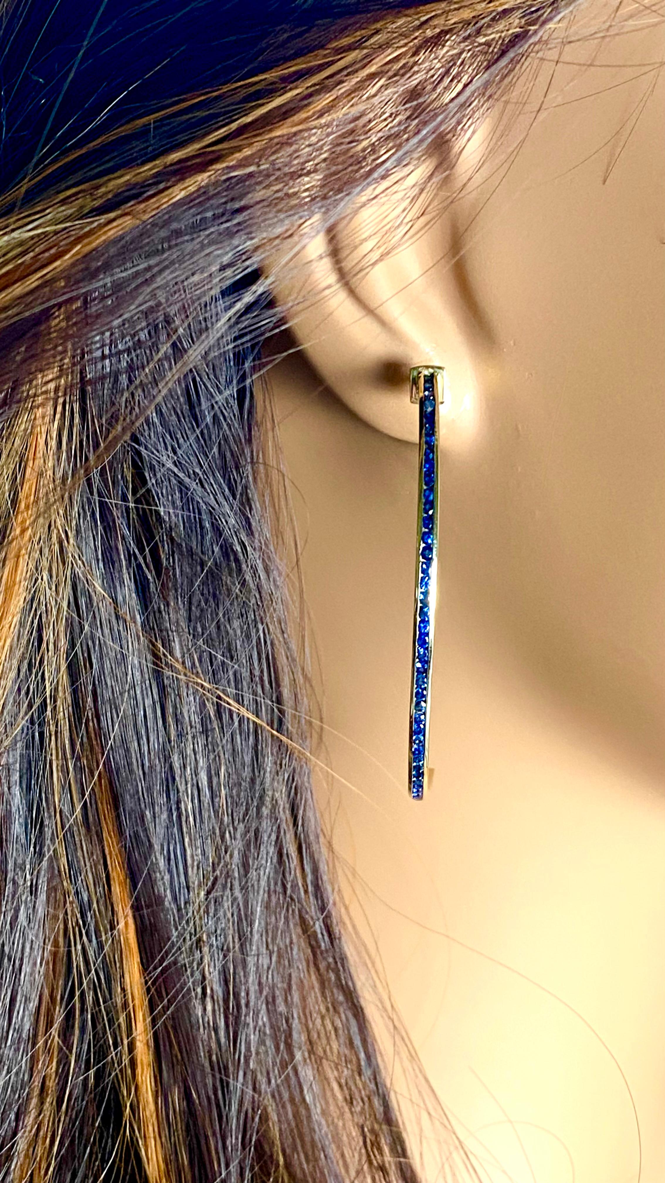 14 Karat Yellow Gold 2.25 Inch Long Hoop Earrings Channel Set Blue Sapphires For Sale 3