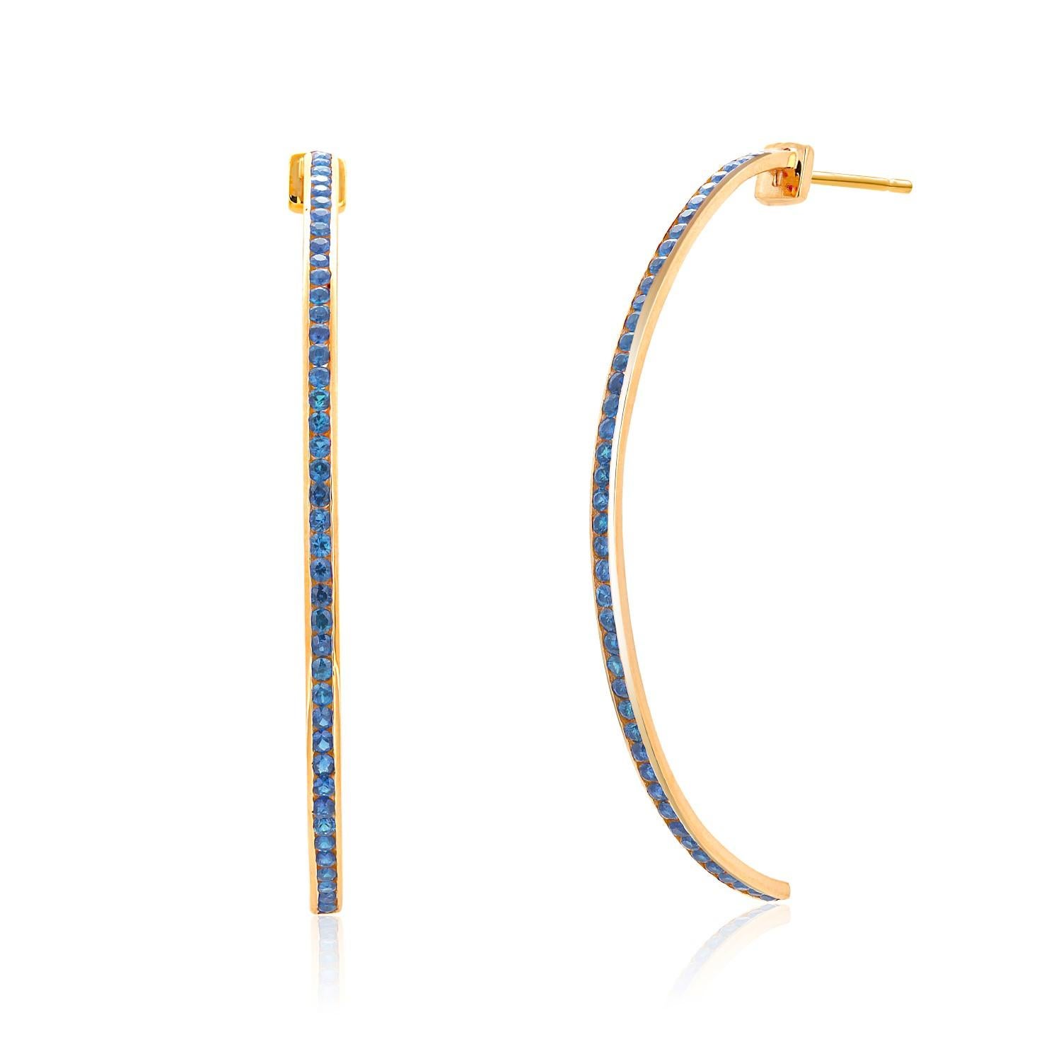14 Karat Yellow Gold 2.25 Inch Long Hoop Earrings Channel Set Blue Sapphires For Sale 4