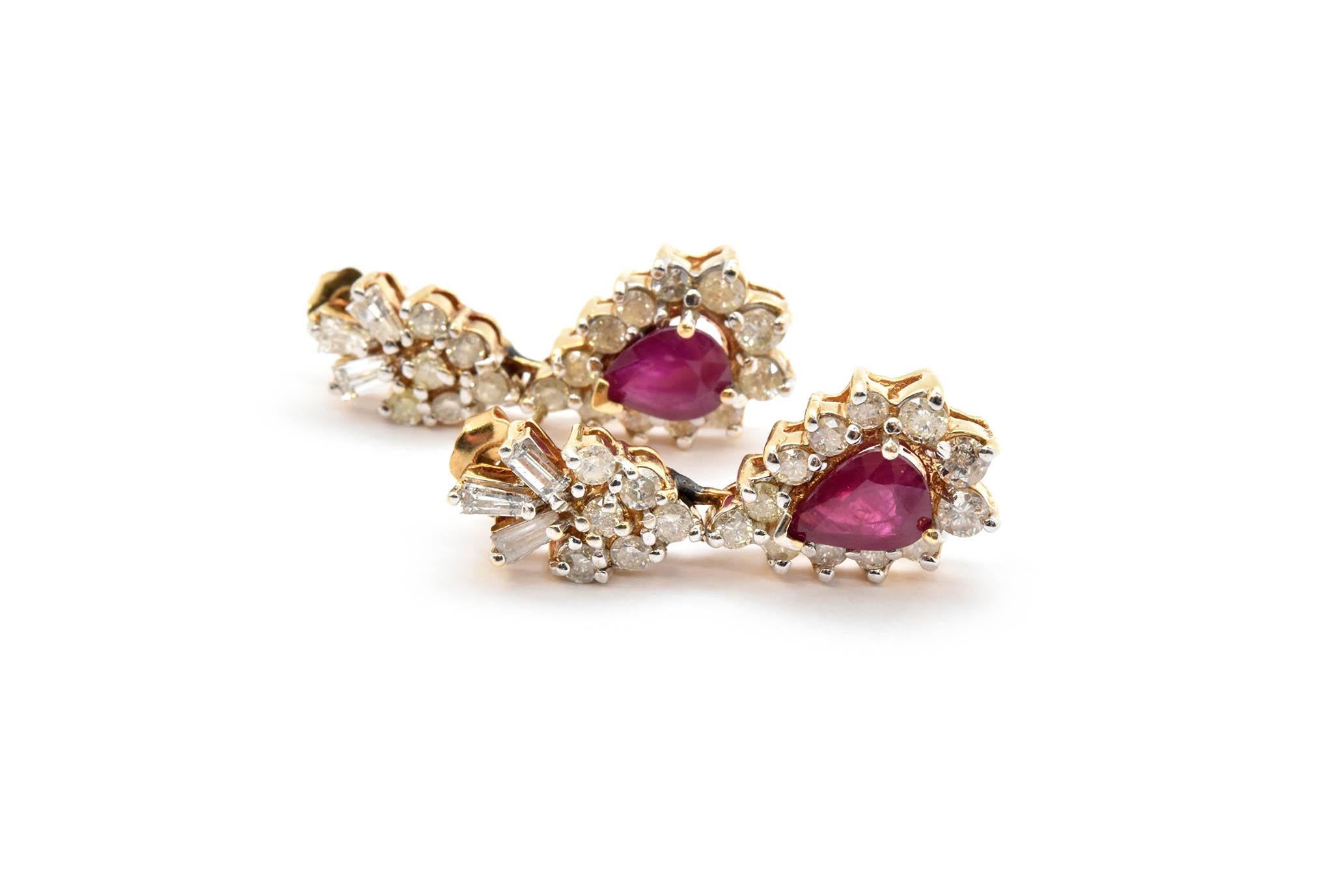 14 Karat Yellow Gold 2.34 Carat Diamond and 2.50 Carat Ruby Drop Earrings In Excellent Condition In Scottsdale, AZ
