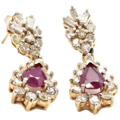 14 Karat Yellow Gold 2.34 Carat Diamond and 2.50 Carat Ruby Drop Earrings