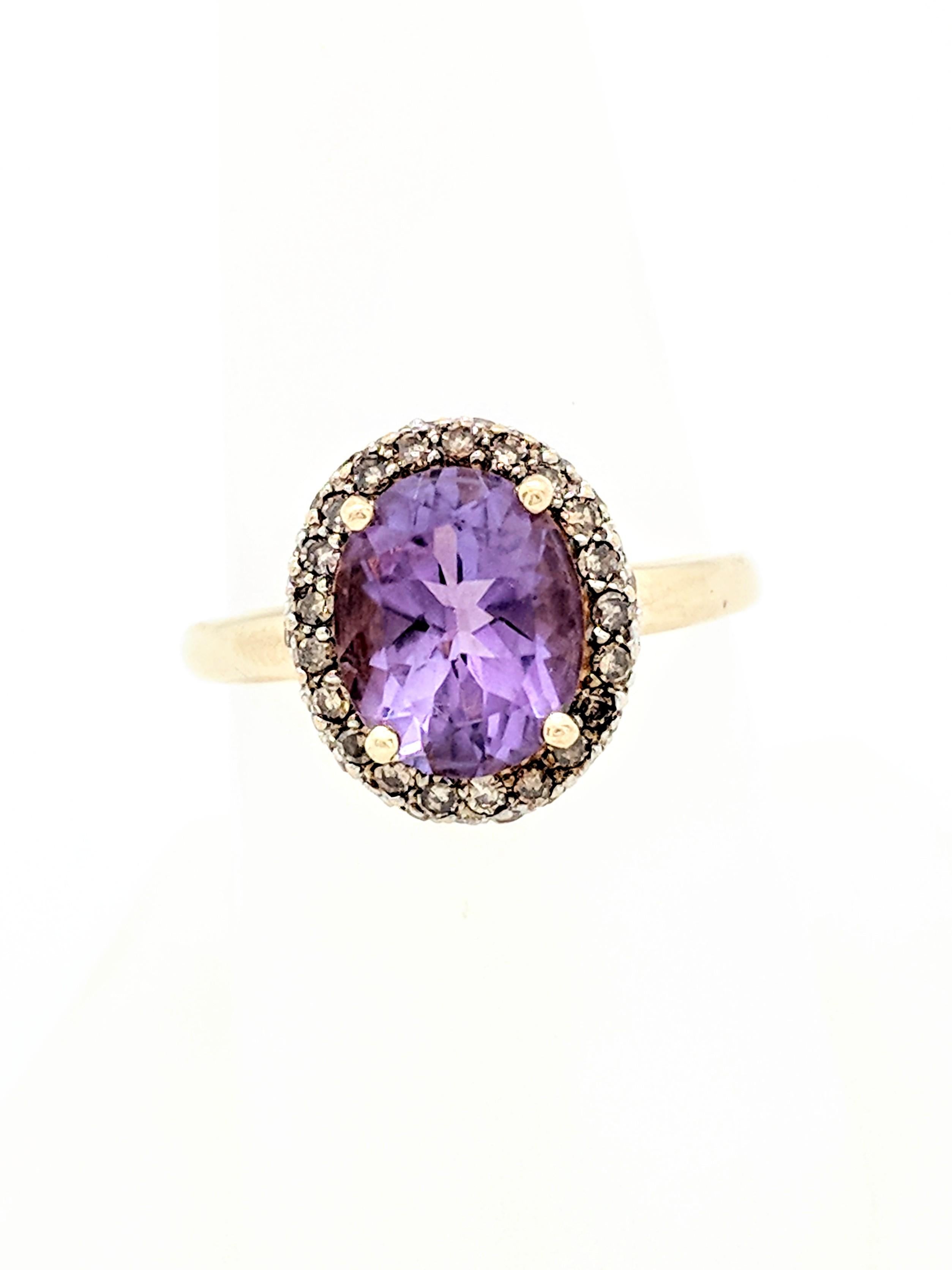 Oval Cut 14 Karat Yellow Gold 2.40 Carat Amethyst and Champagne Diamond Halo Ring