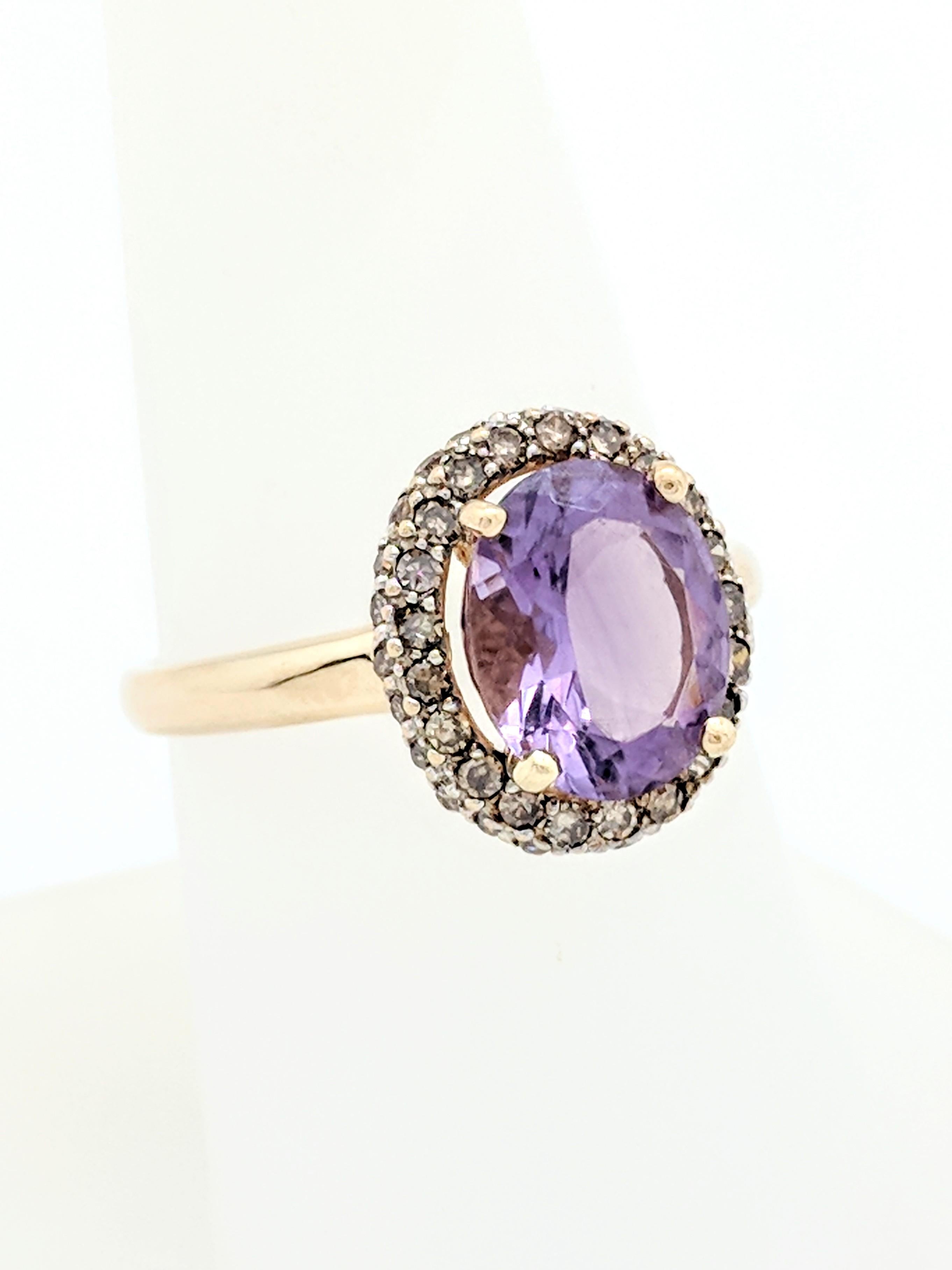 14 Karat Yellow Gold 2.40 Carat Amethyst and Champagne Diamond Halo Ring In Excellent Condition In Gainesville, FL