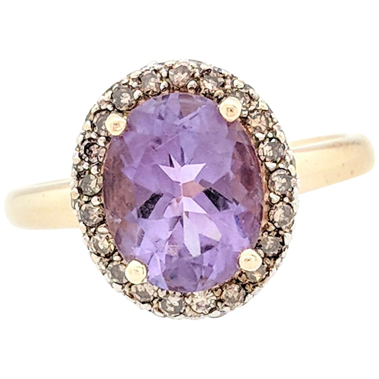 14 Karat Yellow Gold 2.40 Carat Amethyst and Champagne Diamond Halo Ring