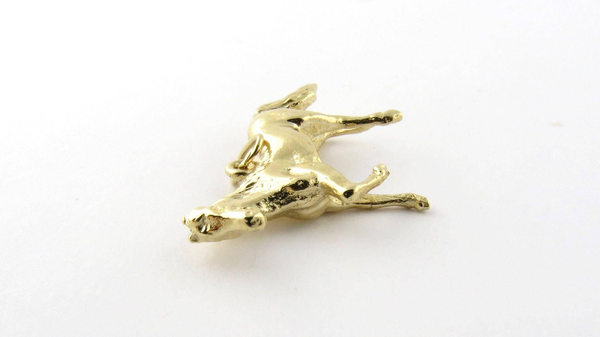 Vintage 14K yellow gold 3-D horse pendant. 

Trotting in for the races or leisurely grazing in a pasture, this detailed horse pendant is sure to grace any chain. 

Measures: 32mm long head to tail. 23mm tall head to hoof. 6mm thick. 

Weighs: 8.6g,