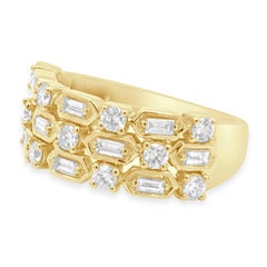 14 Karat Yellow Gold 3-Row Alternating Baguette and Round Diamond Band
