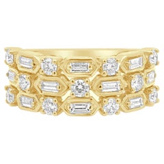 14 Karat Yellow Gold 3-Row Alternating Baguette and Round Diamond Band